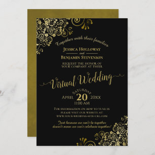 Lacy Gold Frills auf Black Elegant Virtual Wedding Einladung