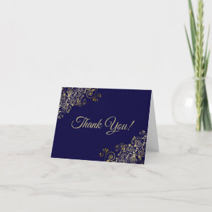 Lacy Gold Frills Elegant Navy Blue Wedding Foto Dankeskarte