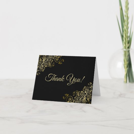 Lacy Gold Frills Elegantes Black Wedding Foto Dankeskarte (Vorderseite)