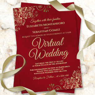 Lacy Gold Frills on Red Elegant Virtual Wedding Einladung