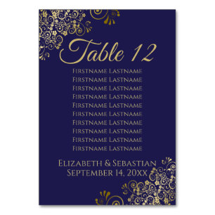 Lacy Gold Navy Blue Elegante Seating Chart Tischnummer