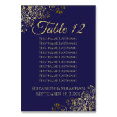 Lacy Gold Navy Blue Elegante Seating Chart Tischnummer (Rückseite)