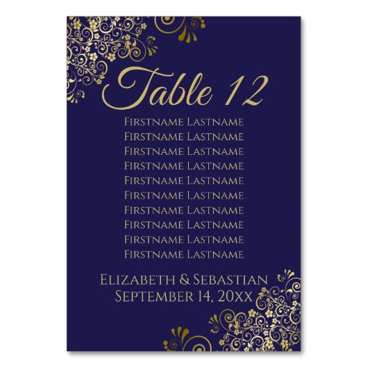 Lacy Gold Navy Blue Elegante Seating Chart Tischnummer (Vorderseite)