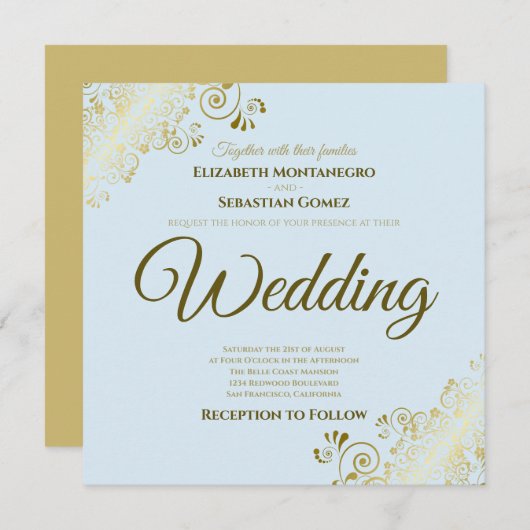 Lacy Gold on Powder Blue Elegante Square Wedding Einladung (Vorne/Hinten)