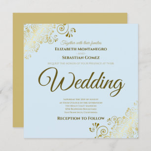 Lacy Gold on Powder Blue Elegante Square Wedding Einladung