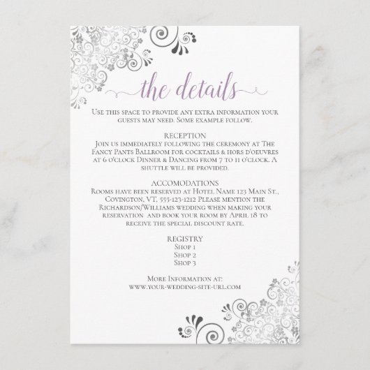 Lacy Lavender Calligrafy on White Wedding Details Begleitkarte (Vorderseite)