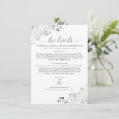 Lacy Lavender Calligrafy on White Wedding Details Begleitkarte (Stehend Vorderseite)
