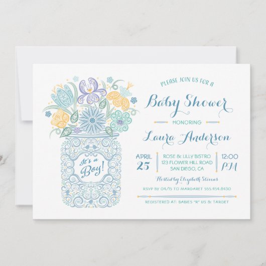 Lacy Mason Jar Baby Shower Baby Boy Einladung (Vorderseite)