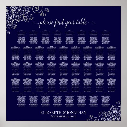 Lacy Navy Blue & Silver 43 Table Seating Chart Poster (Vorne)