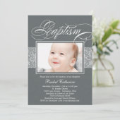 Lacy Ribbon Foto Taufe Einladung (Stehend Vorderseite)