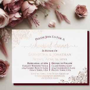 Lacy Rose Gold & Burgunder Hochzeitsprobe-Dinner Folieneinladung