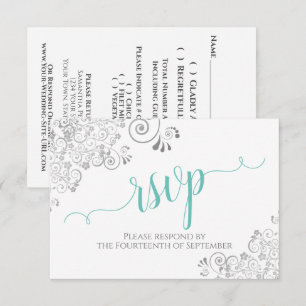 Lacy Silver & Aqua auf White-Elegante-Script-Hochz RSVP Karte