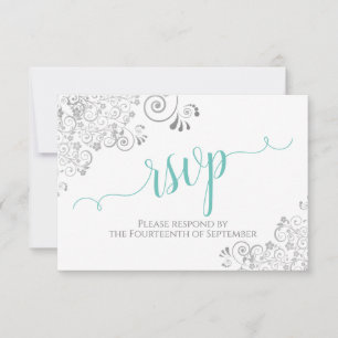 Lacy Silver & Aqua auf White-Elegante-Script-Hochz RSVP Karte