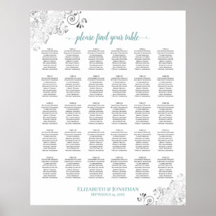 Lacy Silver & Aquamarin 30 Table Wedding Seating C Poster