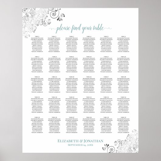 Lacy Silver & Aquamarin 30 Table Wedding Seating C Poster (Vorne)