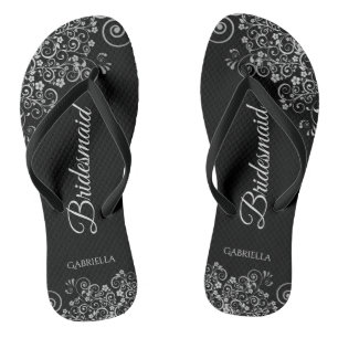 Lacy Silver auf Black Elegante Brautjungfrau Hochz Badesandalen