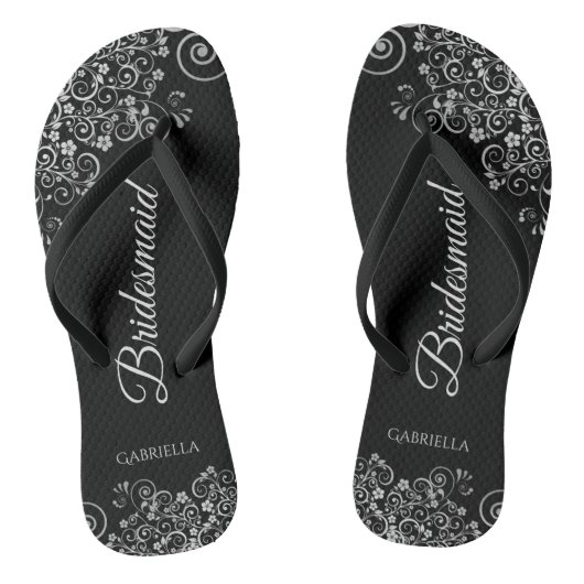 Lacy Silver auf Black Elegante Brautjungfrau Hochz Badesandalen (Fußbett)