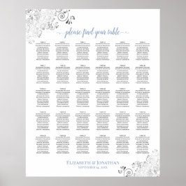 Lacy Silver & Blue 30 Table Wedding Seating Chart Poster