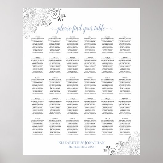 Lacy Silver & Blue 30 Table Wedding Seating Chart Poster (Vorne)
