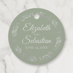 Lacy Silver Border Elegantsage Grüne Hochzeit Geschenkanhänger