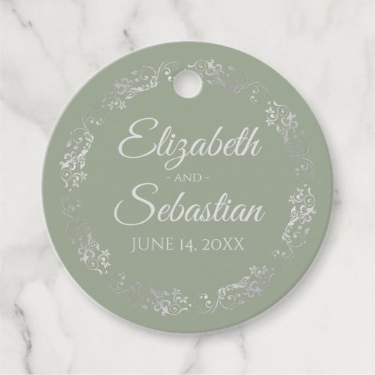 Lacy Silver Border Elegantsage Grüne Hochzeit Geschenkanhänger (Vorderseite)