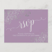 Lacy Silver Calligraphy Lavender Wedding RSVP Postkarte (Vorderseite)