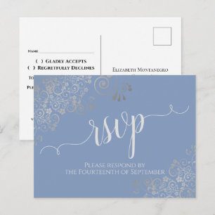 Lacy Silver Calligraphy Light Blue Wedding RSVP Postkarte