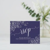 Lacy Silver Calligraphy Navy Blue Wedding RSVP Postkarte (Stehend Vorderseite)