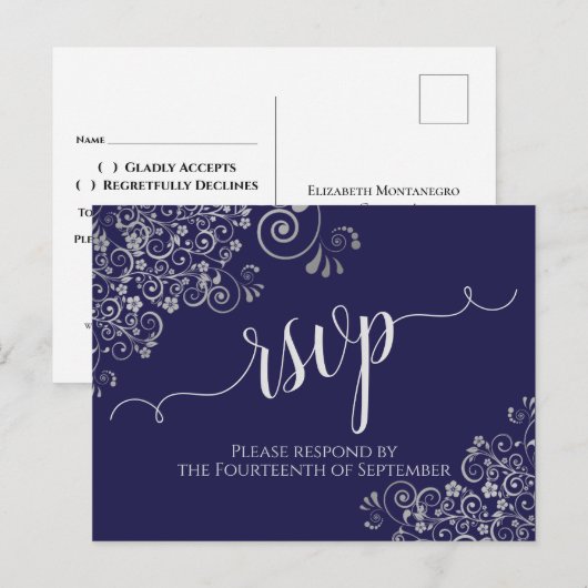 Lacy Silver Calligraphy Navy Blue Wedding RSVP Postkarte (Vorne/Hinten)
