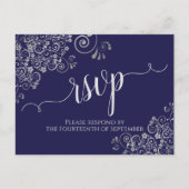Lacy Silver Calligraphy Navy Blue Wedding RSVP Postkarte (Vorderseite)