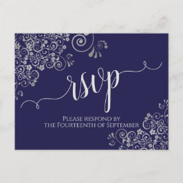 Lacy Silver Calligraphy Navy Blue Wedding RSVP Postkarte