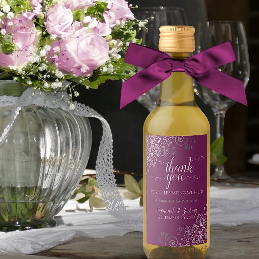 Lacy Silver Cassis Magenta Wedding Danke Mini Weinetikett