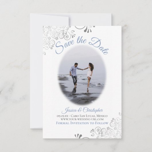 Lacy Silver Dusty Blue on White Oval Foto Wedding Save The Date (Vorderseite)
