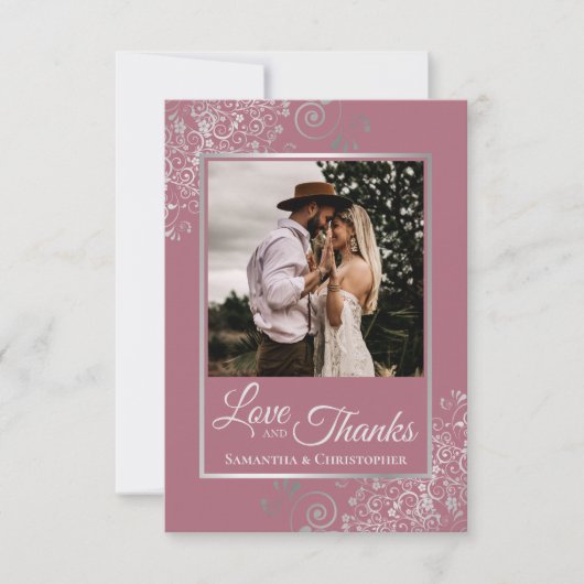 Lacy Silver Dusty Rose Rosa Liebe & Dankeschön Hoc Dankeskarte (Vorderseite)