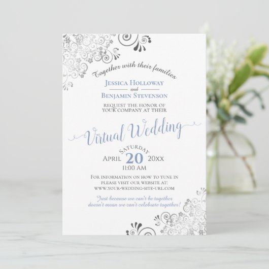 Lacy Silver Elegant Blue & White Virtual Wedding Einladung (Stehend Vorderseite)