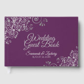Lacy Silver Filigree Elegant Plum Purple Wedding Gästebuch (Vorderseite)