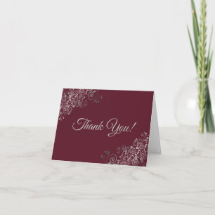 Lacy Silver Frills Elegant Burgundy Wedding Foto Dankeskarte