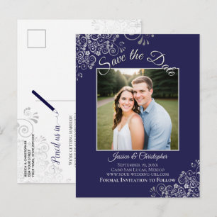 Lacy Silver Navy Blue Wedding Save the Date Foto Ankündigungspostkarte