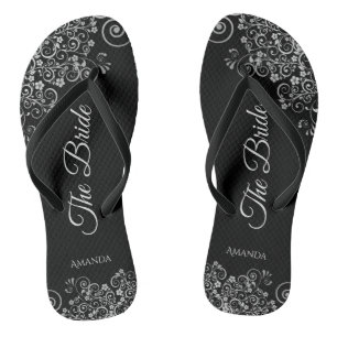 Lacy Silver on Black Elegante The Bride Wedding Badesandalen