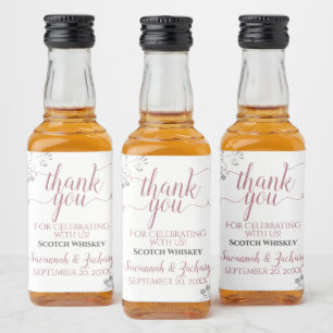 Lacy Silver & Rose on White Wedding Danke Mini Alkoholflaschenetikett