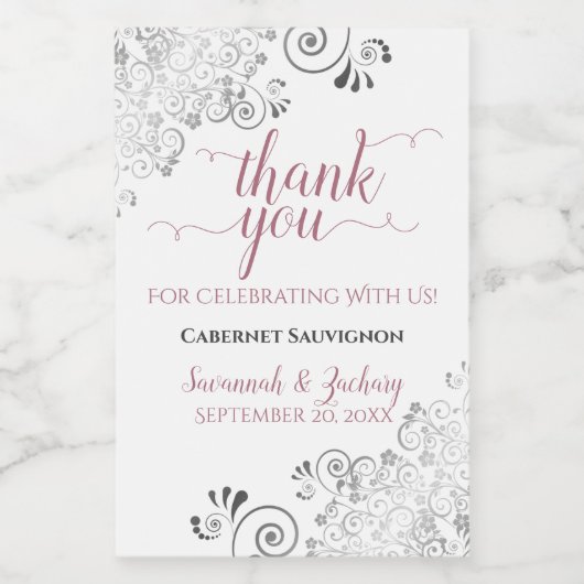 Lacy Silver & Rose on White Wedding Danke Mini Weinetikett (Einzelnes Label)