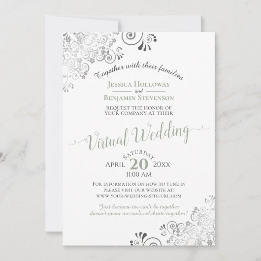 Lacy Silver Sage Green & White Virtual Wedding Einladung (Vorderseite)