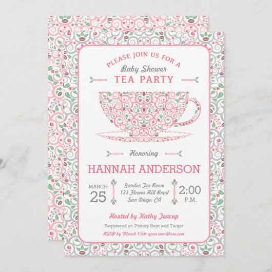 Lacy Teacup Baby Dusche Pink Tee Party Einladung (Vorne/Hinten)