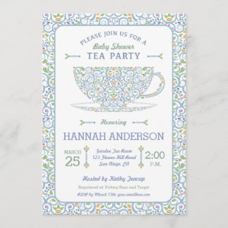 Lacy Teacup Baby Shower Blue Tee Party Einladung