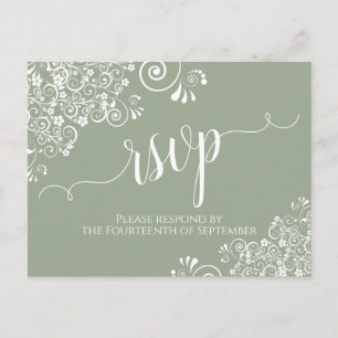 Lacy White Calligraphy on Sage Green Wedding RSVP Postkarte