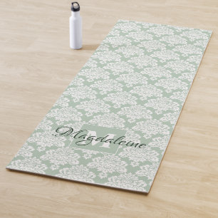 Lacy White Damask on Sage Green Monogram & Name Yogamatte