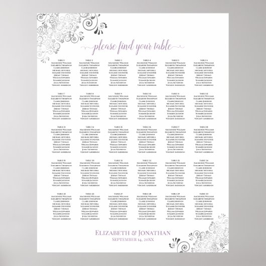 Lacy White Lavender 30 Table Wedding Seating Chart Poster (Vorne)