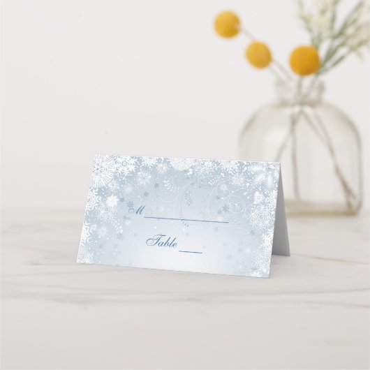 Lacy White Snowflakes auf Silver Blue Platzkarte (Vorderseite)