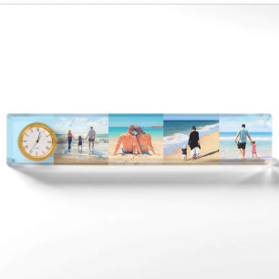 Laden Sie Ihr Foto-Collage-Schreibtisch-Uhr-Gesche Namensplakette