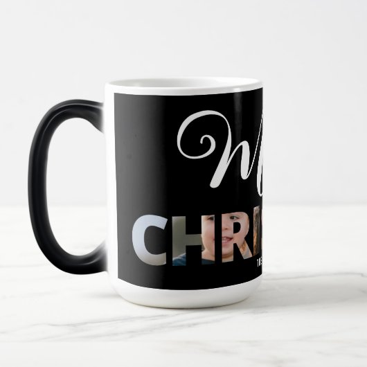 Laden Sie Ihr Foto in Text Frohe Weihnachten Verwandlungstasse (Links)